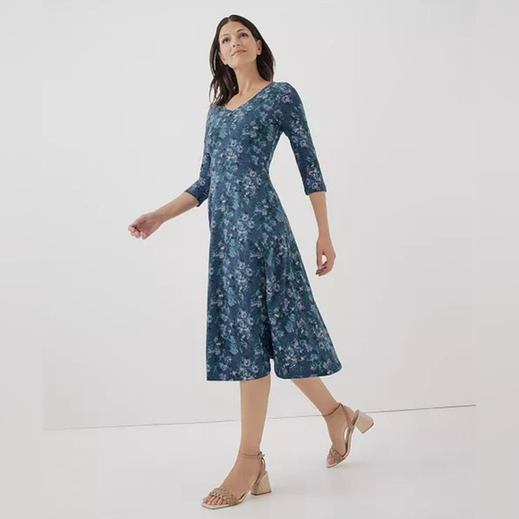 NWOT Pact Organic Cotton 3/4 Sleeves Fit & Flare Party Midi Dress SZ Medium - Picture 1 of 16